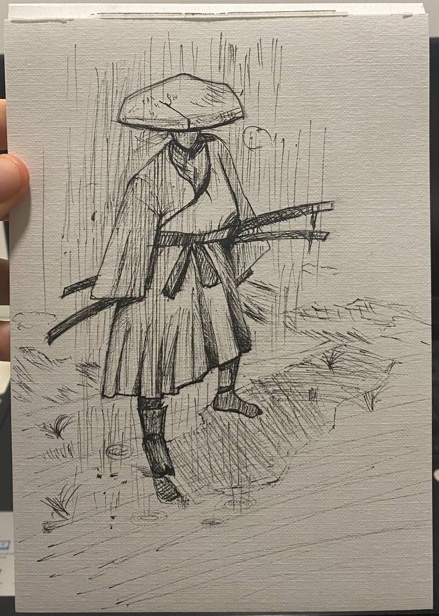 Emil's pen drawing of a samurai in a straw hat standing in the rain