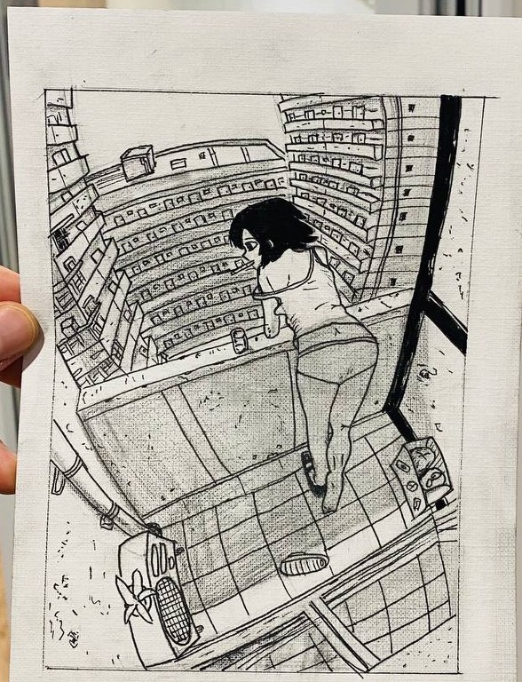 Emil's ink comic panel: a girl leaning over a balcony, seen from above, with tower blocks plunging below